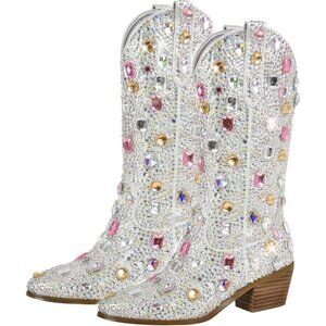 Sparkly Rhinestones Gem Silver Faux Leather High Calf Heeled Boots For Women